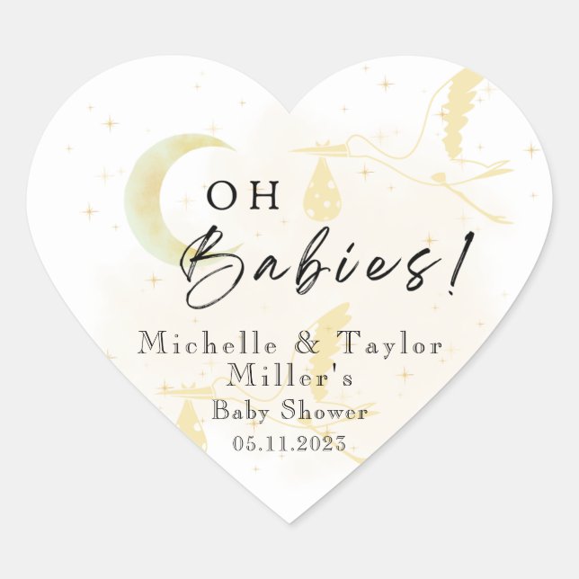 Oh Babies! Stickers: Charming Stork Twins Neutral Heart Sticker (Front)