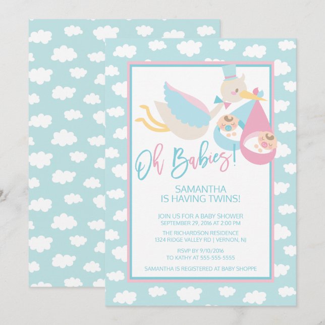 Oh Babies! Stork twin Baby Shower Invitation (Front/Back)