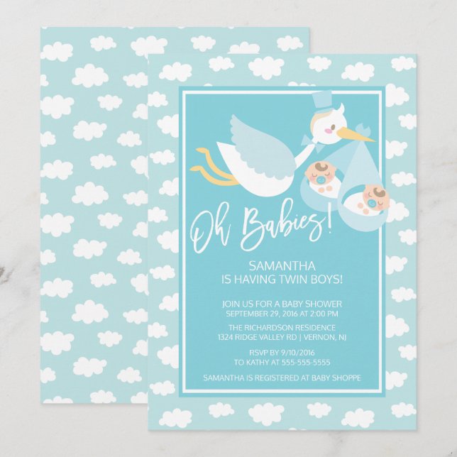 Oh Babies! Stork twin boys Baby Shower Invitation (Front/Back)