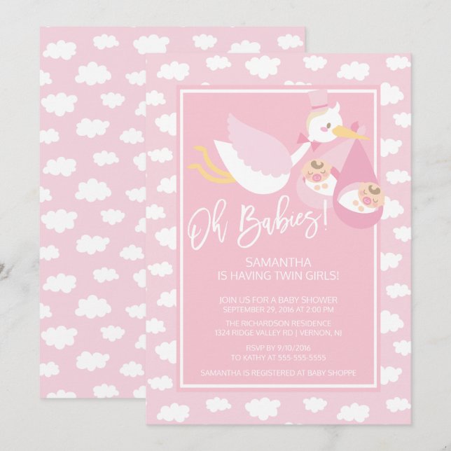 Oh Babies! Stork twin Girls Baby Shower Invitation (Front/Back)
