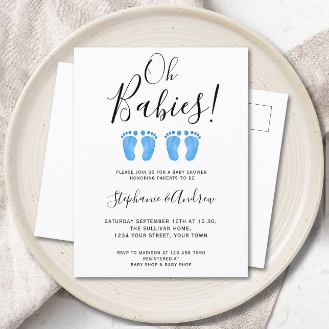 Oh Babies Twin Boys Couples Baby Shower Announcement Postcard (Creator Uploaded)