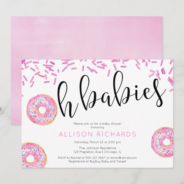 Oh babies twin girls Doughnut baby shower Invitation (Front/Back)