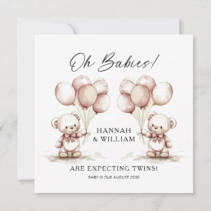 Oh Babies Twins Cute Watercolor Bears Baby Shower Announcement