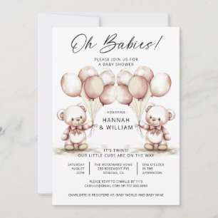 Oh Babies Twins Cute Watercolor Bears Baby Shower Invitation