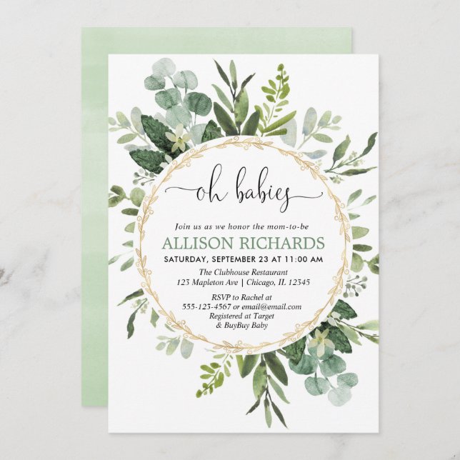 Oh babies twins gender neutral greenery eucalyptus invitation (Front/Back)