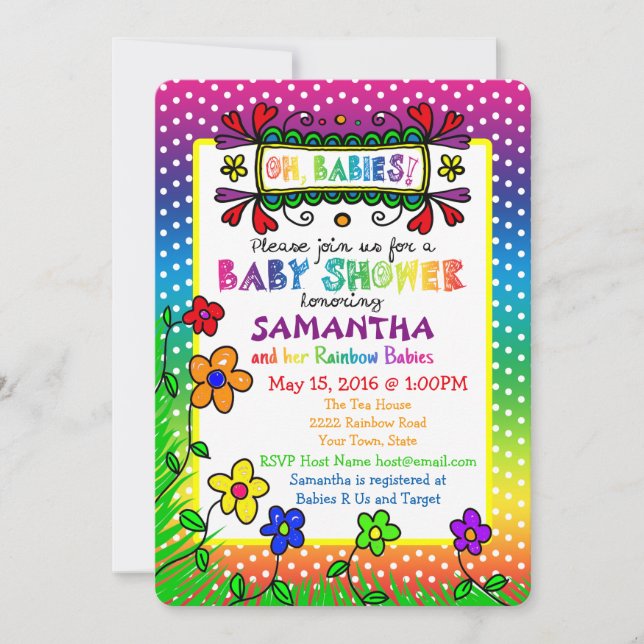 Oh, Babies! Twins Rainbow Baby Shower Invitation (Front)