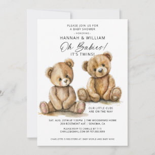 Oh Babies Twins Watercolor Bears Baby Shower Invitation
