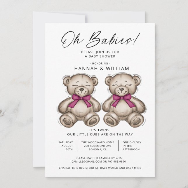 Oh Babies Twins Watercolor Bears Baby Shower Invitation (Front)