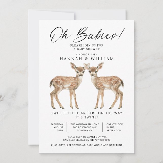 Oh Babies Twins Watercolor Deers Baby Shower Invitation (Front)