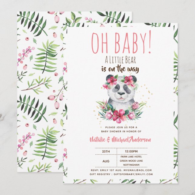 Oh Baby A Little Bear Is On The Way Panda Shower Invitation (Front/Back)