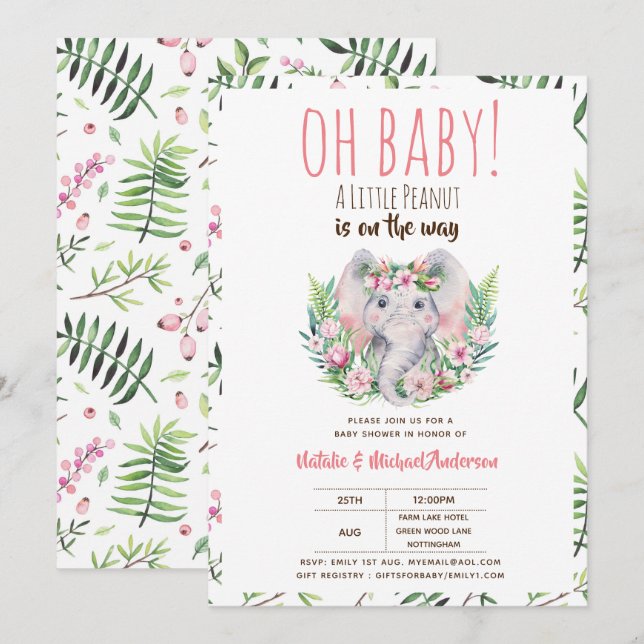 Oh Baby A Little Peanut Boho Elephant Baby Shower Invitation (Front/Back)