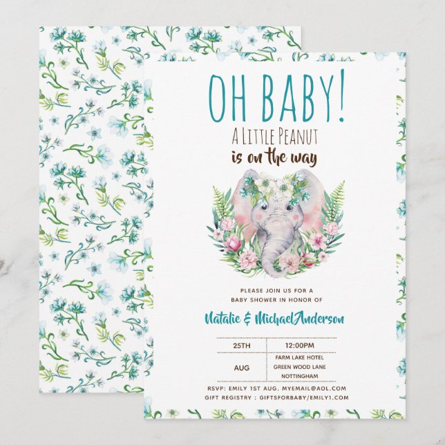 Oh Baby A Little Peanut Boho Elephant Baby Shower Invitation (Front/Back)