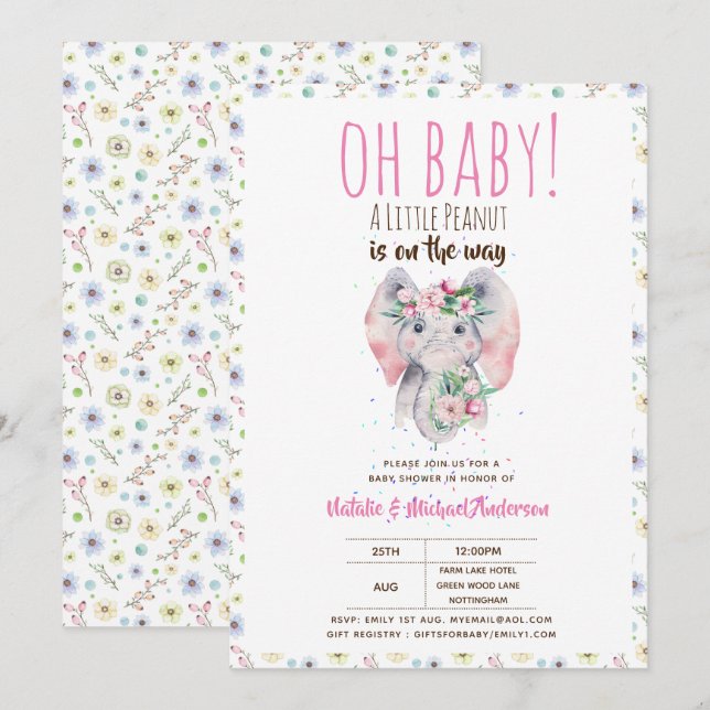 Oh Baby A Little Peanut Boho Elephant Boho Flowers Invitation (Front/Back)