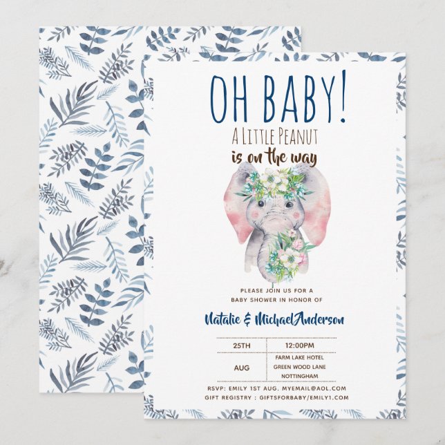 Oh Baby A Little Peanut Elephant Boho Floral Chic Invitation (Front/Back)