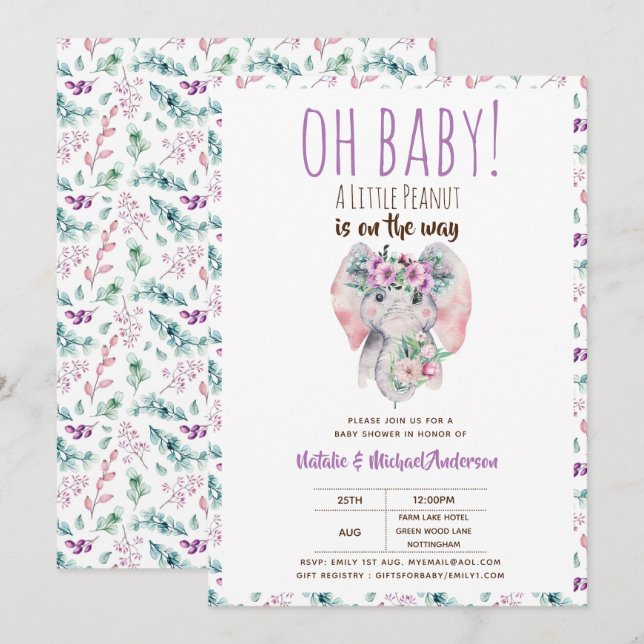 Oh Baby A Little Peanut Elephant Boho Floral Chic Invitation (Front/Back)