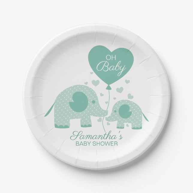Oh Baby Adorable Mint Green Elephant Baby Shower Paper Plate (Front)