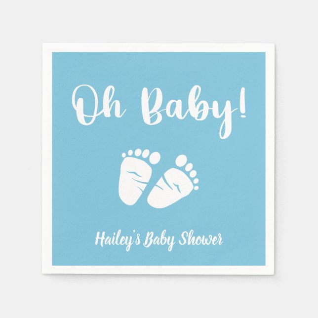 Oh Baby Baby Feet | Boy Blue White Baby Shower Napkin (Front)