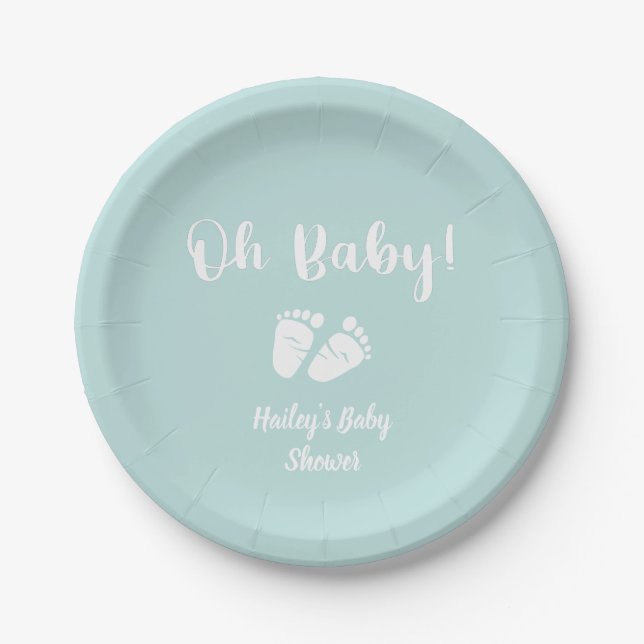 Oh Baby | Baby Feet Mint Green Baby Shower Paper Plate (Front)