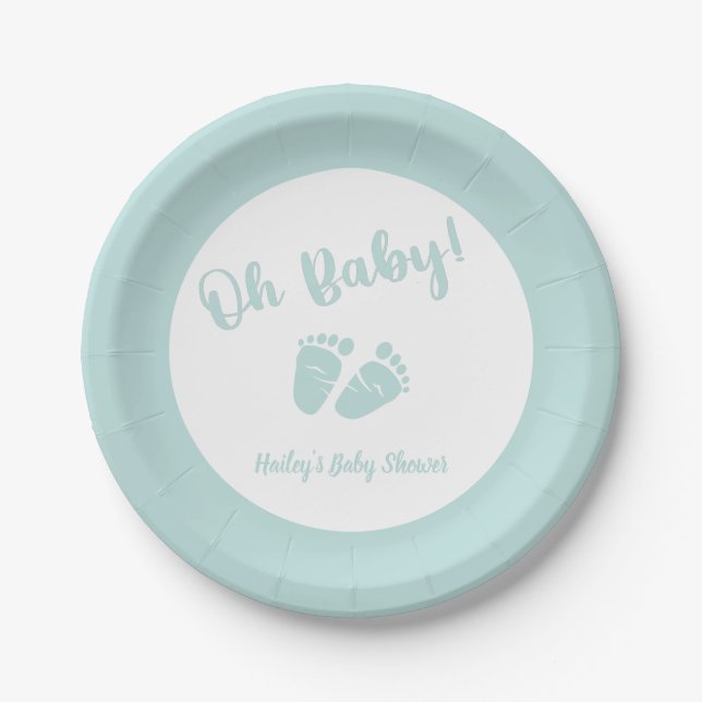 Oh Baby Baby Feet Mint Green Baby Shower Paper Plate (Front)