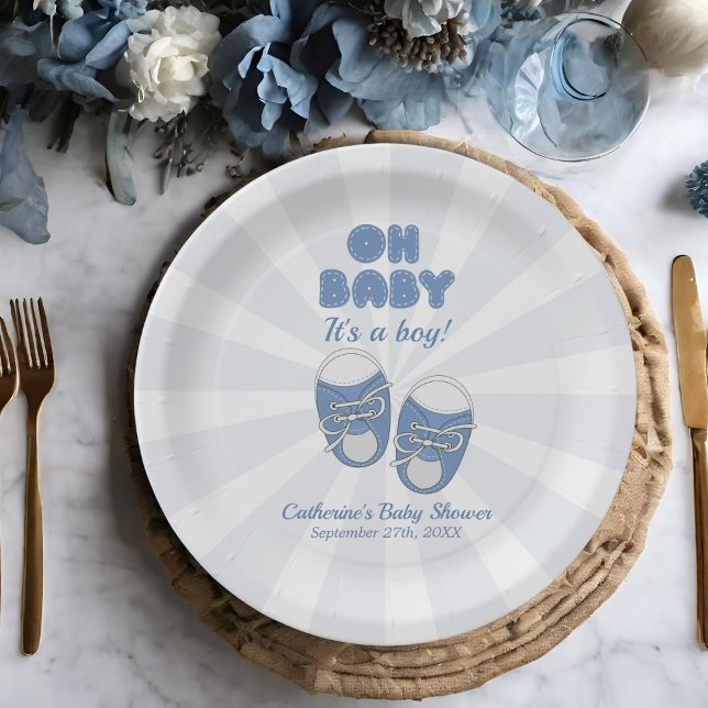 Oh Baby | Baby Shoes Dusty Blue Boy Baby Shower  Paper Plate (Creator Uploaded)