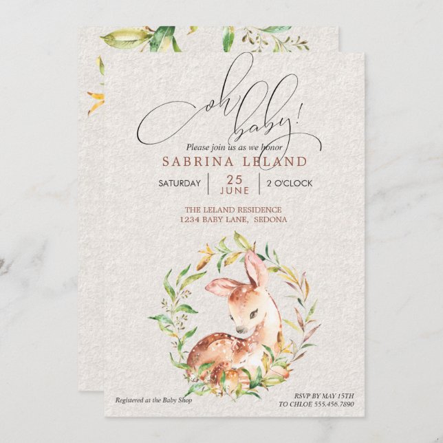 Oh Baby! Baby Shower Deer & Fawn in Leafy Wreath Invitation (Front/Back)