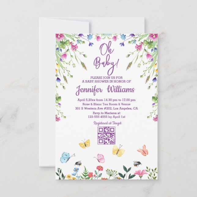 oh baby,baby shower qr code floral purple invitation (Front)