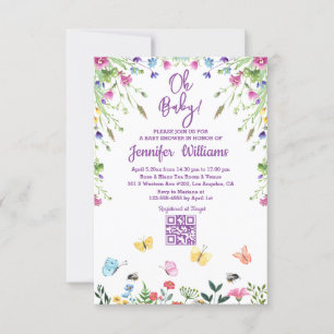 oh baby,baby shower qr code floral purple invitation