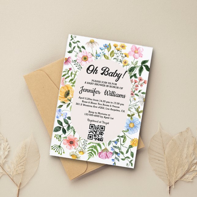 oh baby,baby shower qr code floral wildflowers  invitation (Creator Uploaded)