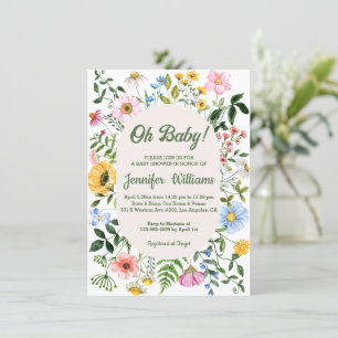 oh baby,baby shower watercolor wildflowers green invitation