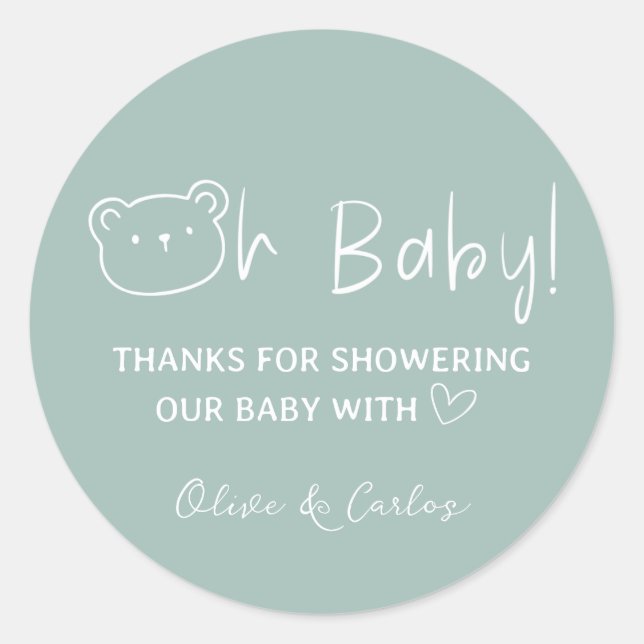 Oh Baby Bear and Heart Thank You Baby Shower Classic Round Sticker (Front)