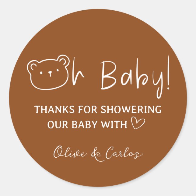 Oh Baby Bear and Heart Thank You Baby Shower Classic Round Sticker (Front)
