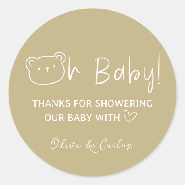 Oh Baby Bear and Heart Thank You Baby Shower Classic Round Sticker (Front)