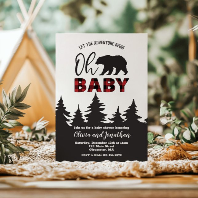 Oh Baby Bear Red Buffalo Plaid Baby Shower Invitation (Creator Uploaded)