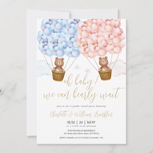 Oh Baby Bearly Wait Teddy Bear Gender Reveal Party Invitation (Front)