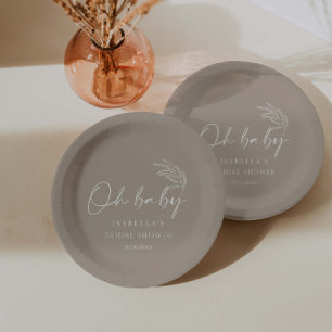 Oh Baby Beige Gender Neutral Modern Baby Shower Paper Plate