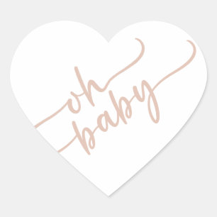 "Oh Baby" Beige Script Baby Shower Heart Sticker