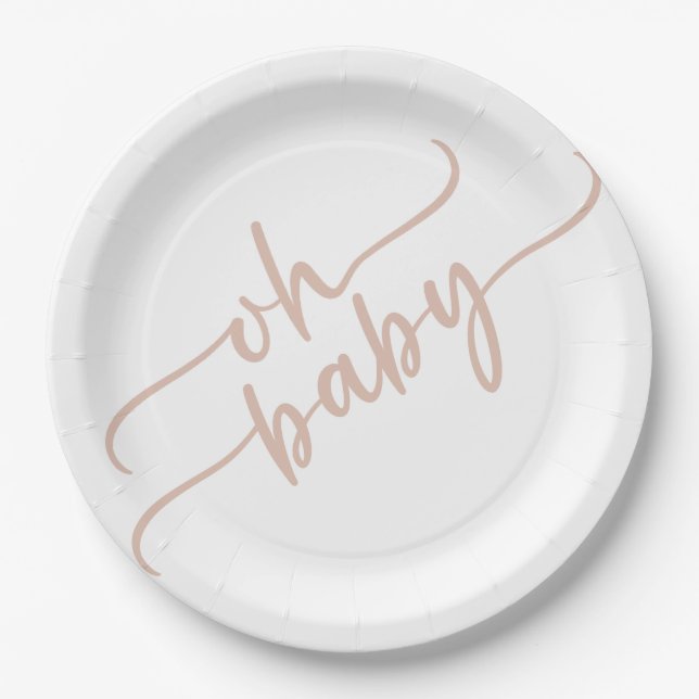 "Oh Baby" Beige Script Baby Shower Paper Plate (Front)