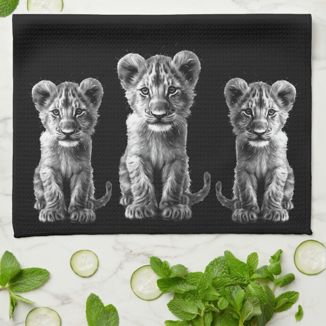 Oh Baby Big Cat Grey Cub Black Tea Towel (Folded)