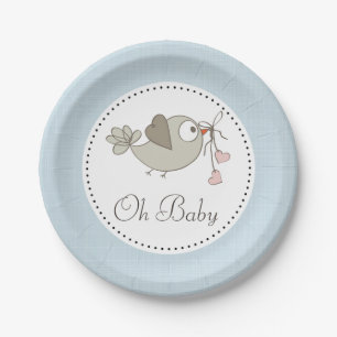 Oh Baby Bird Blue Baby Shower Paper Plate