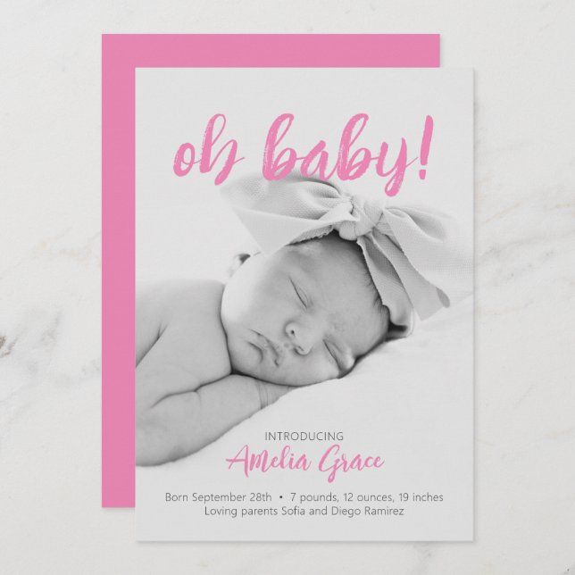Oh Baby! Birth Announcement in Pink (Front/Back)