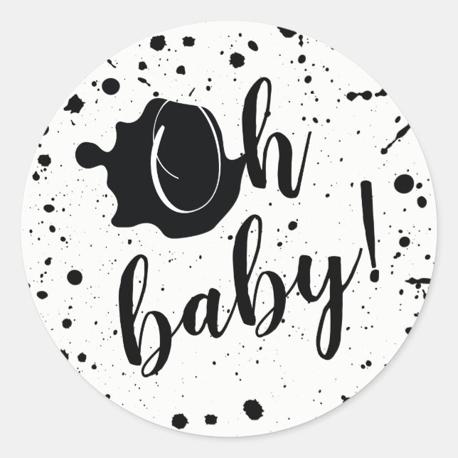 Oh Baby Black and White Paint Splatter Baby Shower Classic Round Sticker (Front)