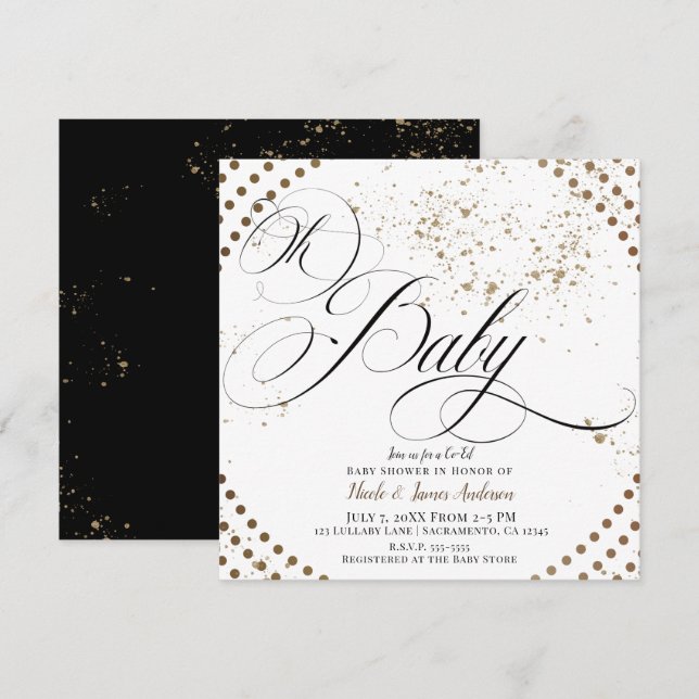 Oh Baby Black Bronze Modern Co-ed Chic Baby Shower Invitation (Front/Back)