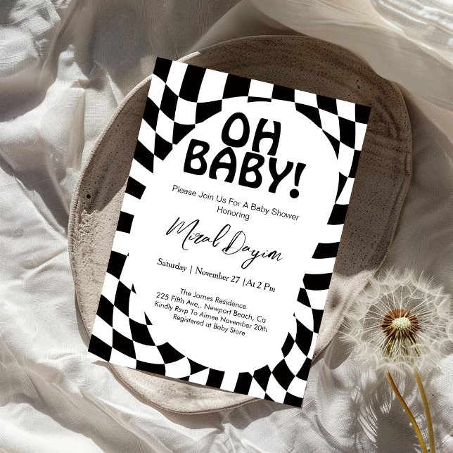 Oh Baby! Black Checkered Modern Baby Shower  Invitation (Creator Uploaded)