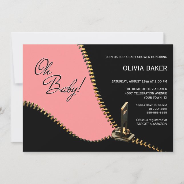 Oh Baby Black Pink with Gold Zipper Baby Shower Invitation (Front)
