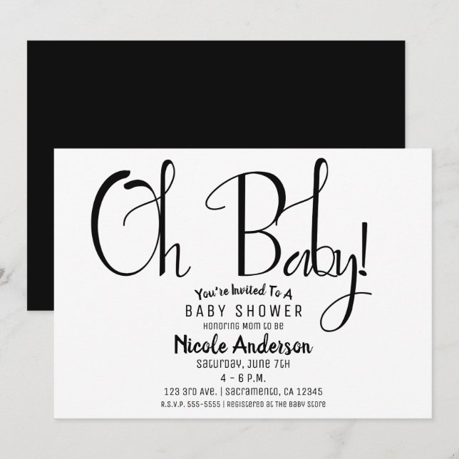 Oh Baby Black Script Modern Minimal Shower Party Invitation (Front/Back)