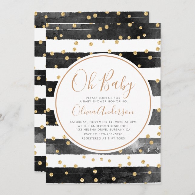 Oh Baby Black Stripe Glitter Baby Shower Invitation (Front/Back)