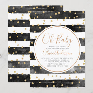 Oh Baby Black Stripe Glitter Baby Shower Invitation