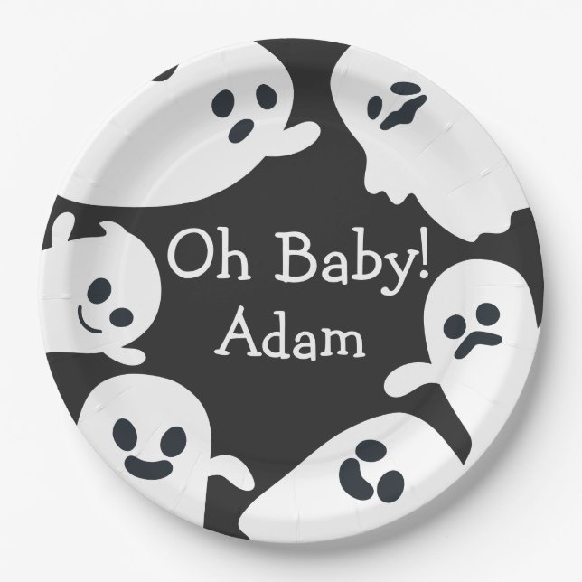 Oh Baby! Black & White Halloween Fall Baby Shower Paper Plate (Front)
