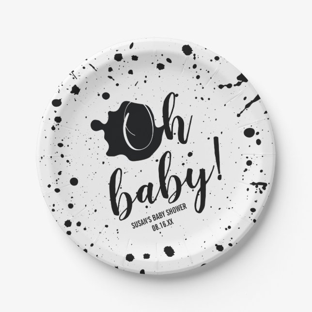 Oh Baby Black + White Splatter Unisex Baby Shower Paper Plate (Front)