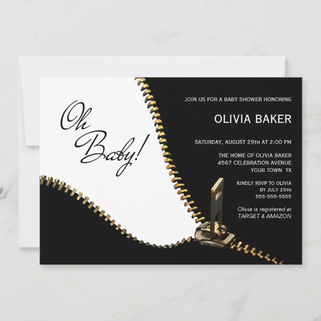 Oh Baby Black White with Gold Zipper Baby Shower Invitation (Front)